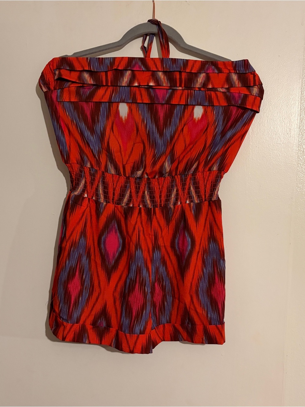 bebe red Romper with Blue and Pink Brushstroke Print